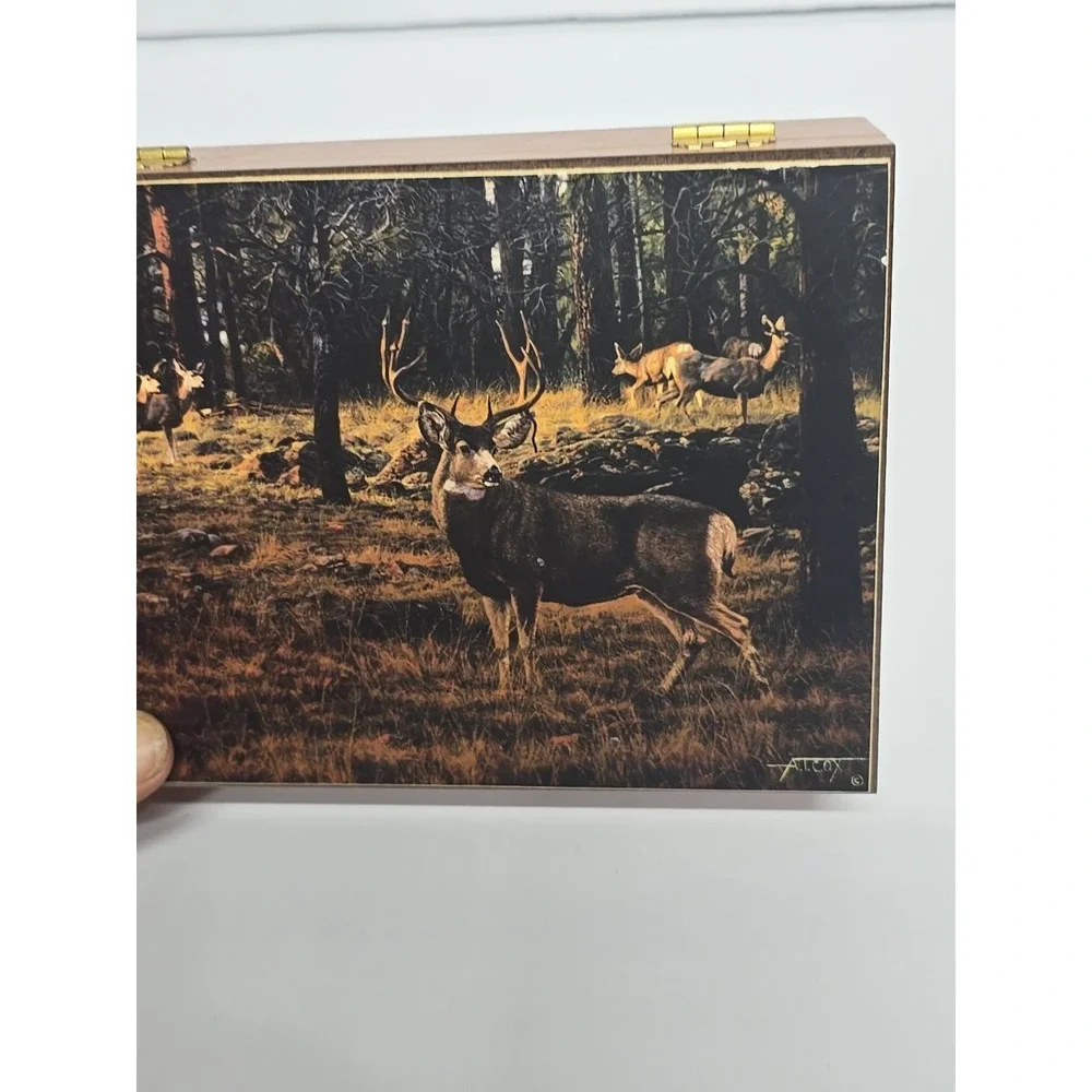 Vtg Deer Picture‎ Cedar Jewelry Box Mule Deer Picture Trinket A.T. Cox Hunter